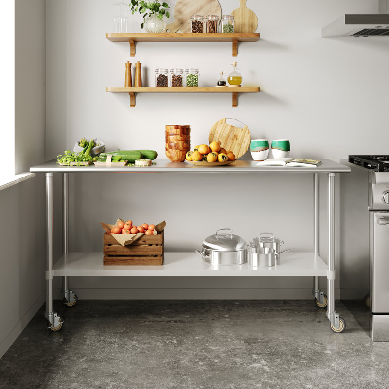 Table de travail commerciale en acier inoxydable de calibre 18 avec tablette et roulettes, H 34,5 po x L 72 po x l 24 po
