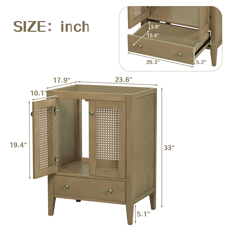 Meuble-lavabo de salle de bain sans lavabo, base seulement, armoire en rotin avec portes et tiroir