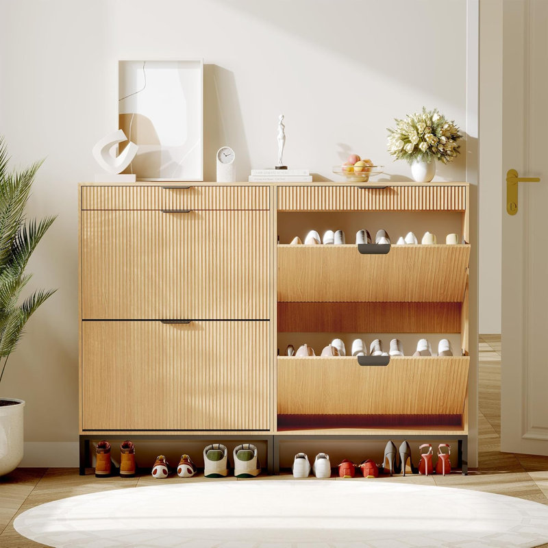 Armoire de rangement cannelée pour chaussures, Bois naturel