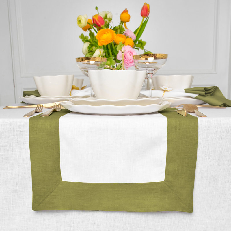 Contempo - 100% Pure Linen Table Runner, 108" x 14", Avocado/White