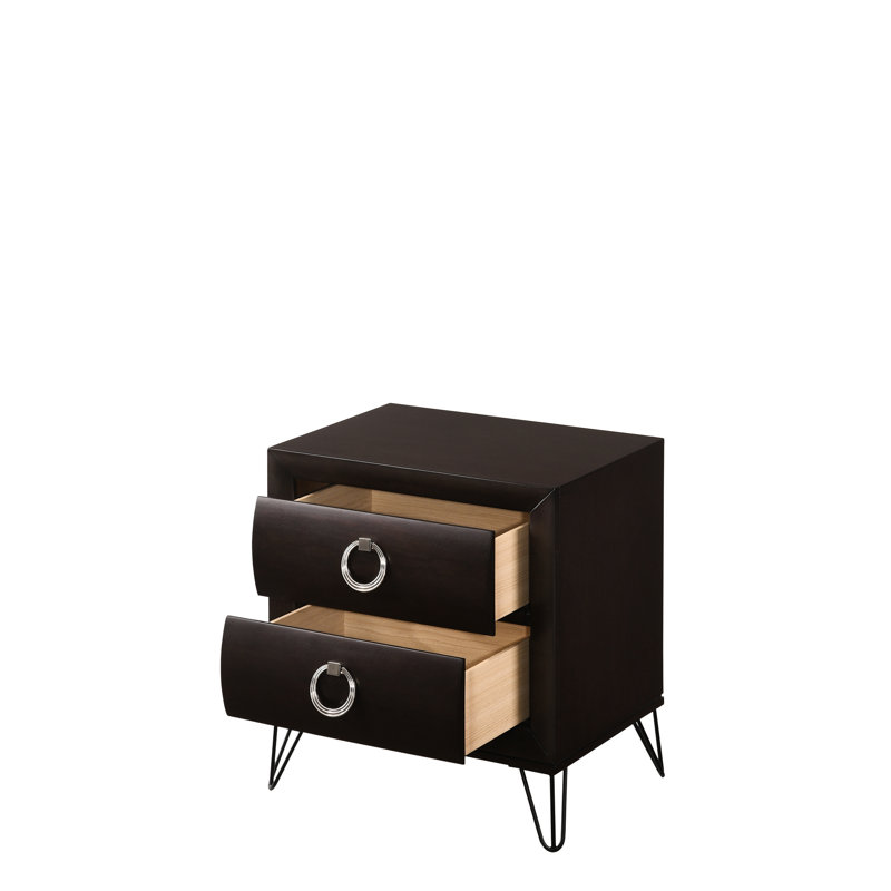 Table de chevet à 2 tiroirs au fini foncé, pieds en K, tiroir central coulissant en métal, avant et arrière anglais, plateau doublé en feutre, fermeture manuelle / automatique, quincaillerie en acier inoxydable à anneau unique, étui en bois