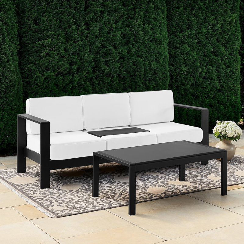 Magers Aluminum Outdoor 3 Seater Sofa and Coffee Table Patio Set, Black Frame/White Cushion
