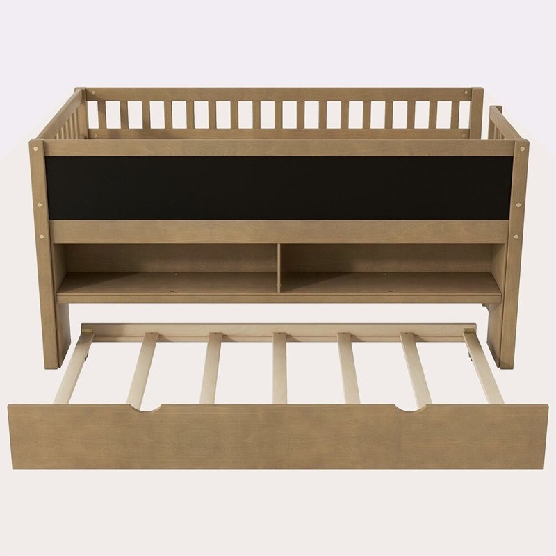 Lit mezzanine bas en bois avec tablette de rangement et lit gigogne Kitzie, Noyer