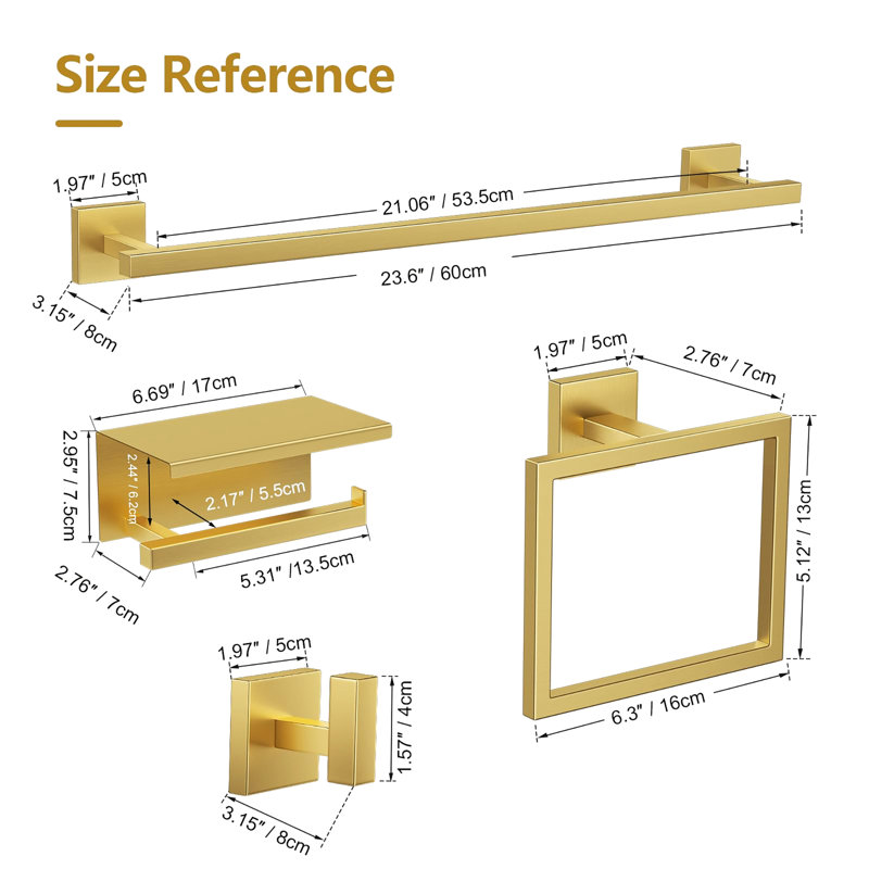 5-Piece Bathroom Hardware Set SUS304 Towel Bar Toilet Paper Holder with Shelf, Brushed Gold