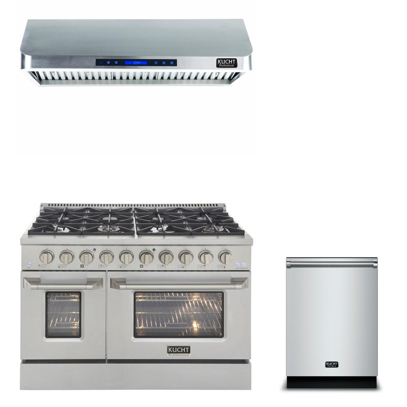 Ensemble de cuisine 3 pièces - 48 po Cuisinière au gaz naturel, 48 po Hotte sous l'armoire de 24 po Lave-vaisselle