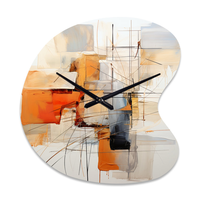 Orange gris, dessin au trait abstrait expressionnisme - horloge asymétrique en métal, Grand