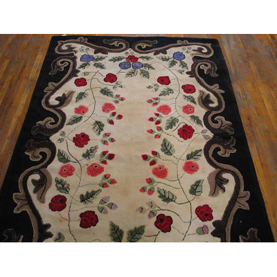 Antique American Hooked Floral Medallion Wool Ivory Beige Cream White 1900s Rug
