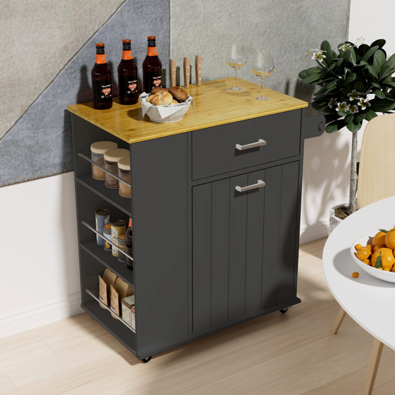 Îlot de cuisine roulant avec armoire à poubelle coulissante, chariot de rangement sur roulettes avec support à épices à 3 niveaux, comptoir en bambou à 1 tiroir, pour les petits espaces