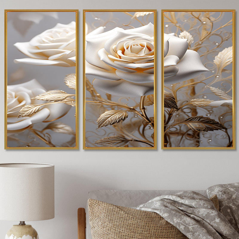 «White Rose Golden Leaves On Grey II - Roses», ensemble d'art mural, Cadre flottant doré, H 28 po x l 36 po x P 1 po