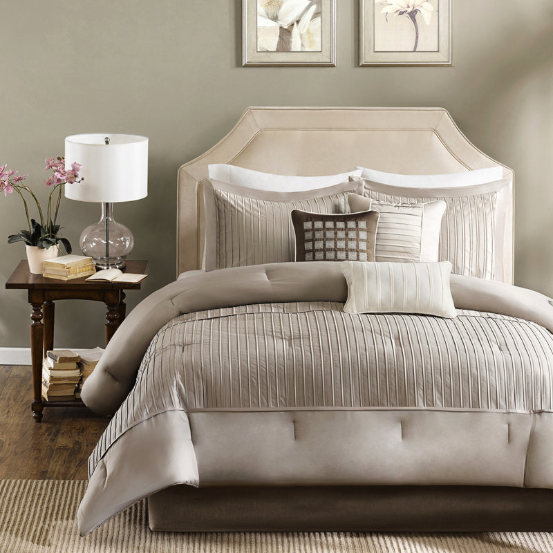 Édredon grand 7 pièces Taupe Charmeuse, coussin décoratif avec broderie au design moderne, lavable à la machine