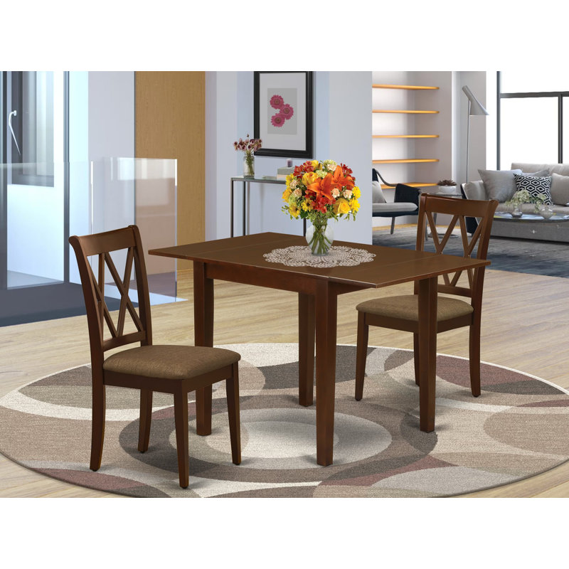 L'ensemble 3 pièces de table et chaises de cuisine contient une table de salle à manger rectangulaire avec Dropleaf et 2 chaises de salle à manger en tissu de lin, acajou