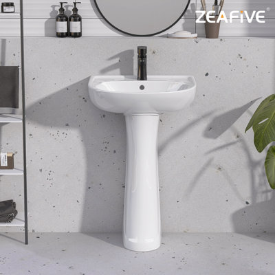 Modern U-Shape White Pedestal Bathroom Sink With Overflow