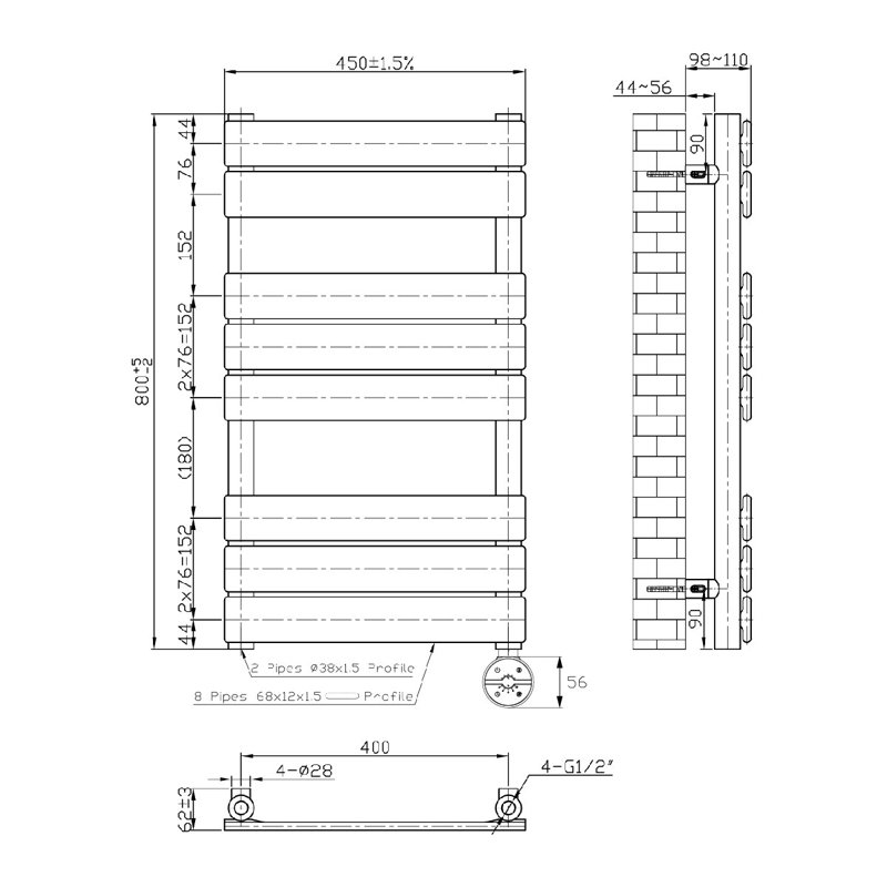 Flat Panel Towel Rail Heated Towel Rails, Anthracite, 80cm H x 45cm W x 6.2cm D