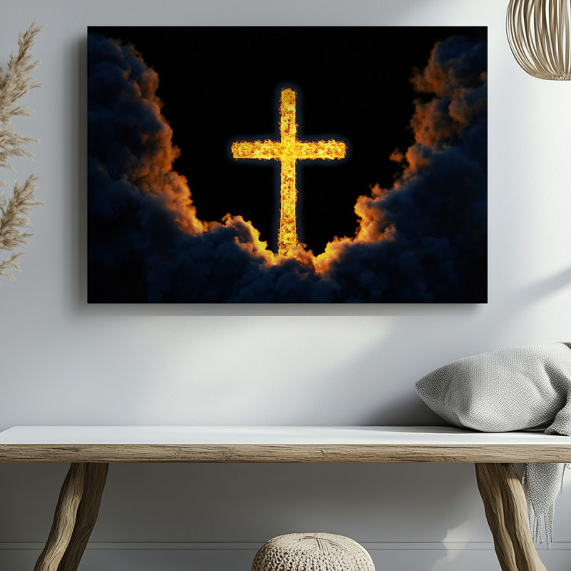 Toile, une croix lumineuse faite de flammes dorées émergent dramatiquement de l'art mural, H 20 po x l 30 po