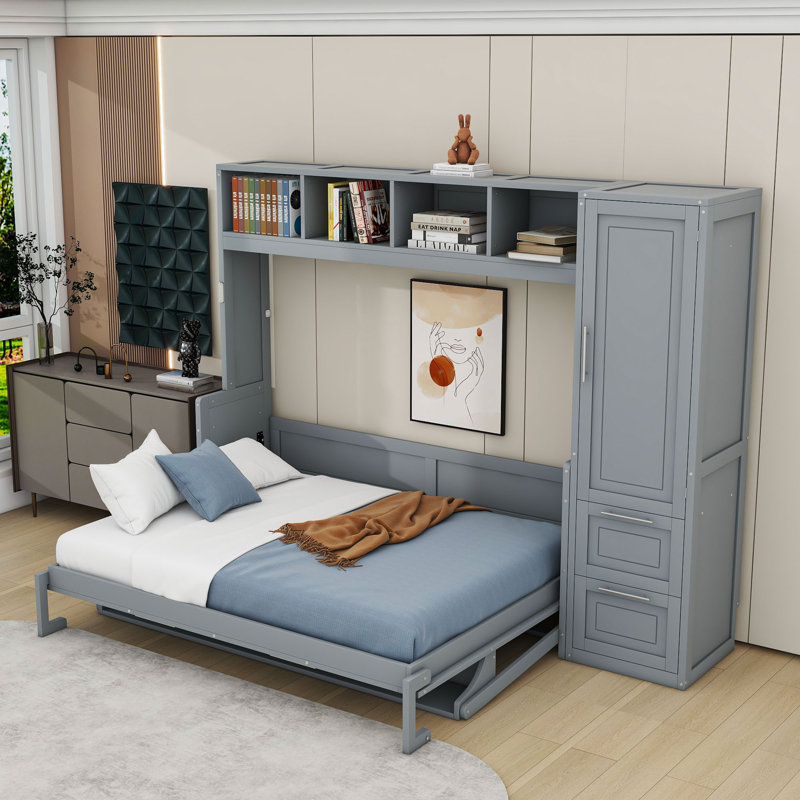 Lit escamotable en bois avec 2 tablettes et 2 tiroirs Tandie, Grand, gris