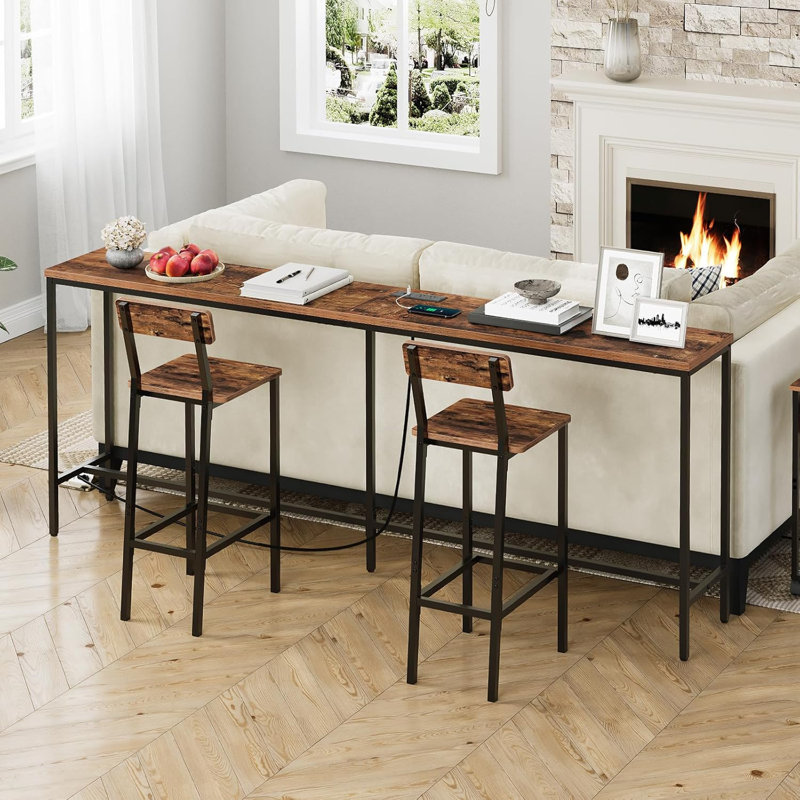 78.7" Industrial Console Table With USB Ports, Charging Station, Rustic Brown & Black