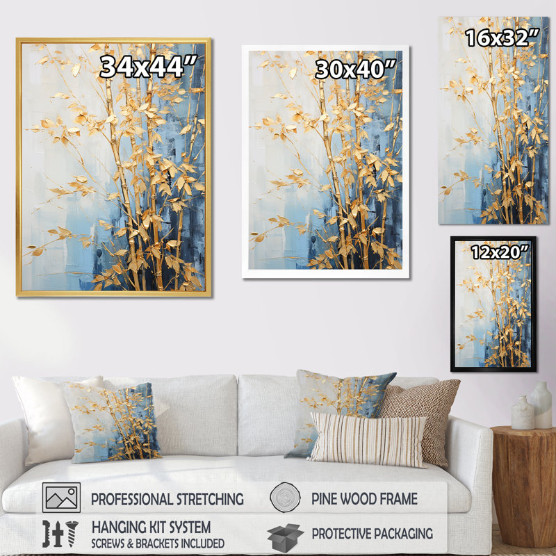Or et bleu bambou III - Bambou, art mural, salon_106608, H 32 po x l 24 po x P 1 po, Cadre simple blanc
