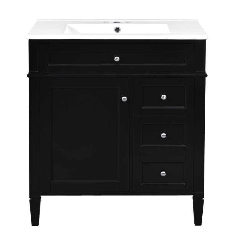 Meuble-lavabo moderne de 30 po avec lavabo supérieur, 3 tiroirs, organisateur de porte d'armoire, poignées texturées et pieds romains exquis pour un rangement spacieux