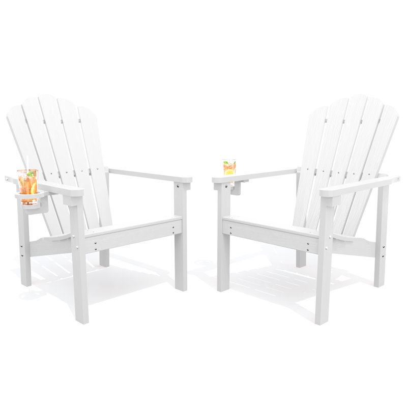 Dareona Set of 2 HDPE Stackable Adirondack Chairs with Cup Holders, All-Weather Outdoor Patio Chairs, White, 2