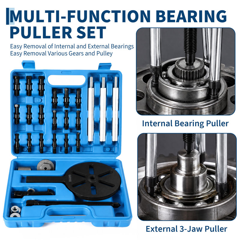 21-In-1 Internal Three-Jaw Bearing Puller Set In Blue Plastic Case, 45# Steel Construction With Heat-Treated Red Steel And Black Oxide Coating, Includes 6 Collets, Curved Hooks And Extra Washer