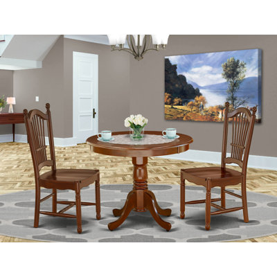 3 Piece Dining Set Contains a Round Dining Room Table with Pedestal and 2 Wood Seat Chairs, Mahogany