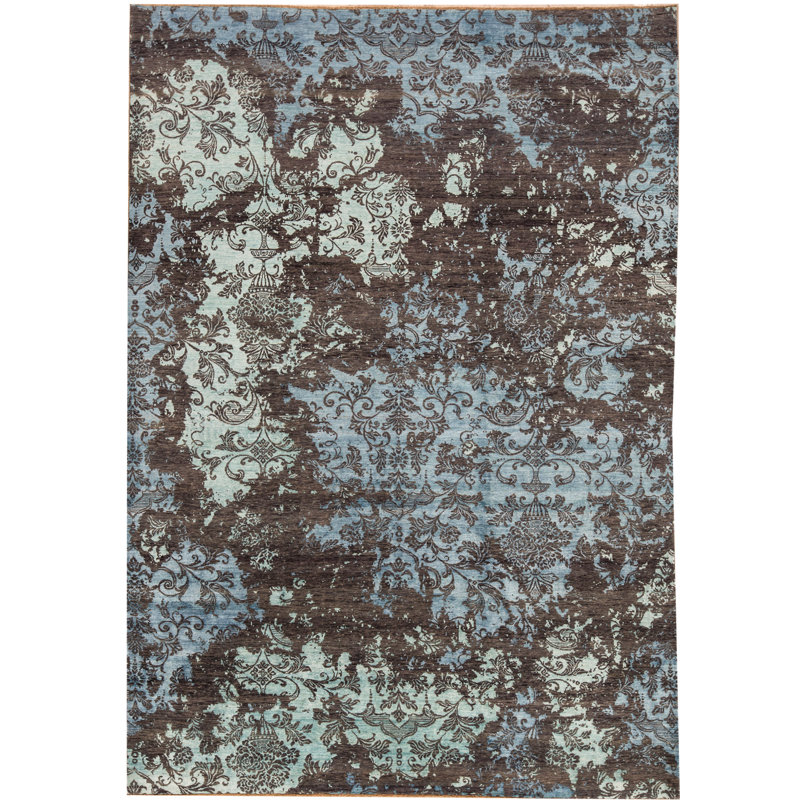 Tapis gris anthracite et vert noué à la main de haute qualité