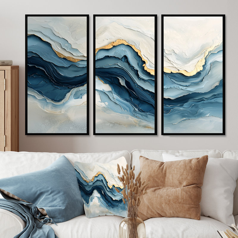 Ensemble de décorations murales vagues marbrées blanches et bleues III, H 40 po x l 60 po x P 1 po