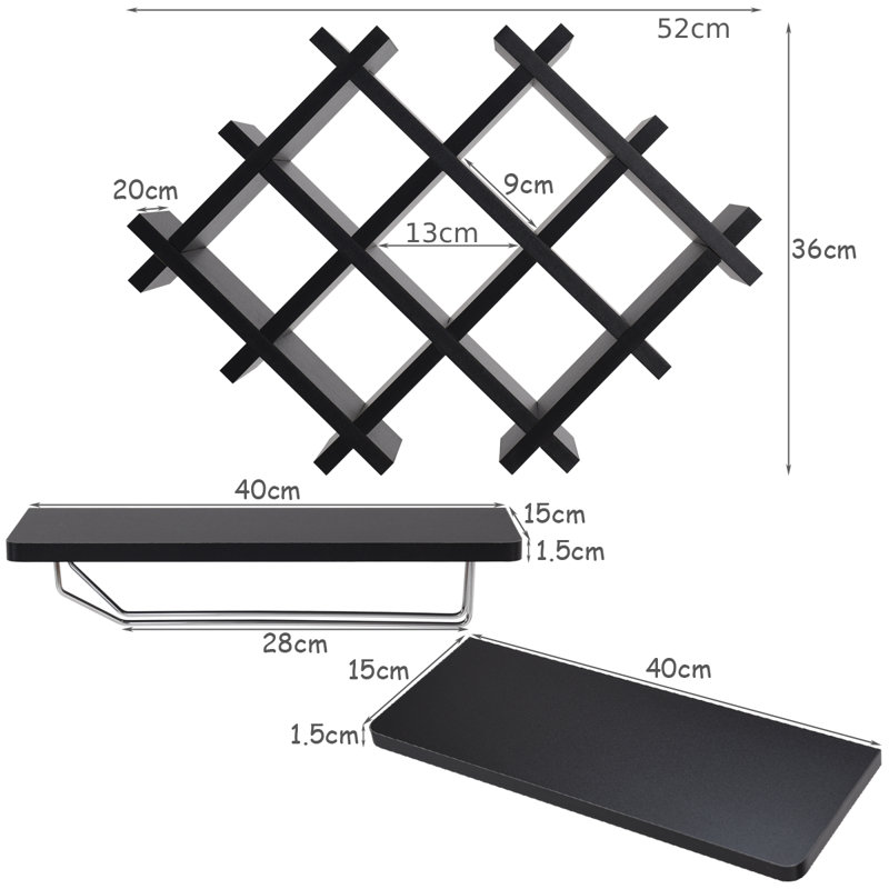 Ella-Faith 7 Bottle Wall Mounted Wine Bottle & Glass Rack, Black
