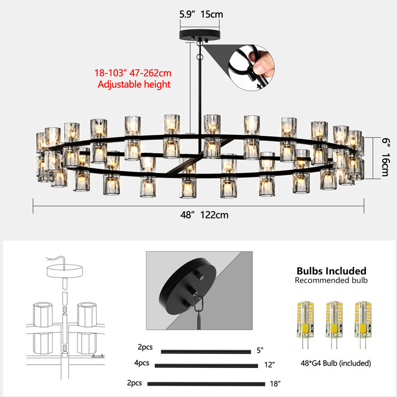 Luxueux cristal de fer noir de 48 pouces, éclairage pour les espaces de vie et de salle à manger, éclairage à DEL, câblé, blanc chaud 2700K, même, installation facile avec cristaux transparents, plafond -