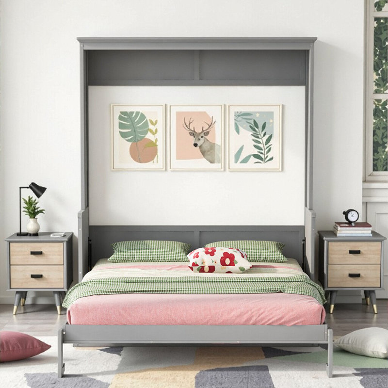 Grand lit escamotable avec tablette flottante - Lit mural peu encombrant avec espace de travail, Gris