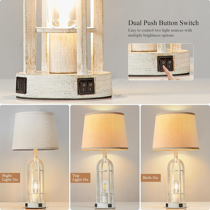 Bronze Industrial Farmhouse Bedside Lamps with Linen Shade, Set of 2