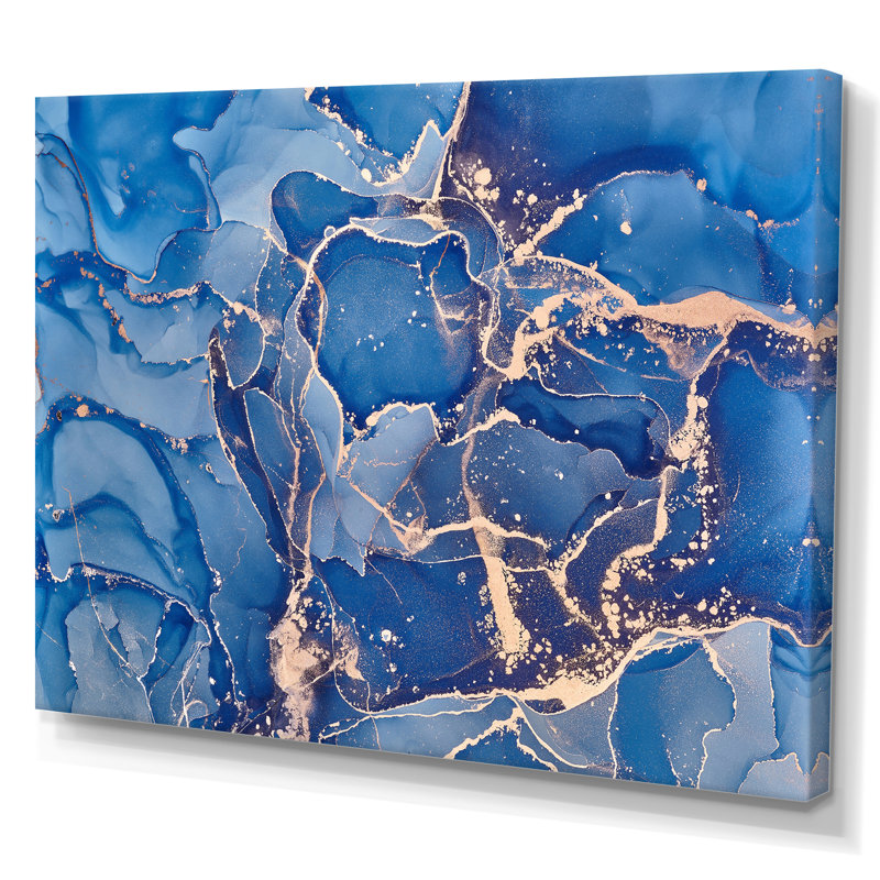 Art liquide bleu avec veines dorées I - peinture sur toile, H 40 po x l 60 po, Toile tendue