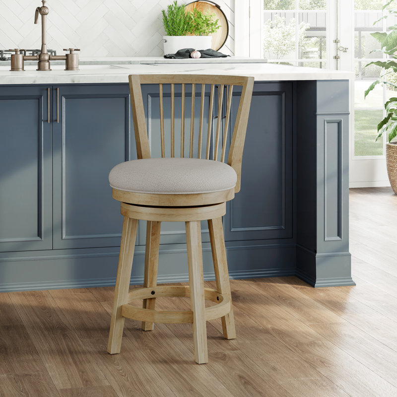 Wood Swivel Windsor Adjustable Stool, Natural Oak With Greige Fabric
