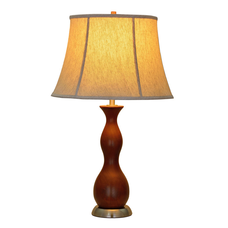 28" Brown Wooden Table Lamp with Off-White Linen Shade