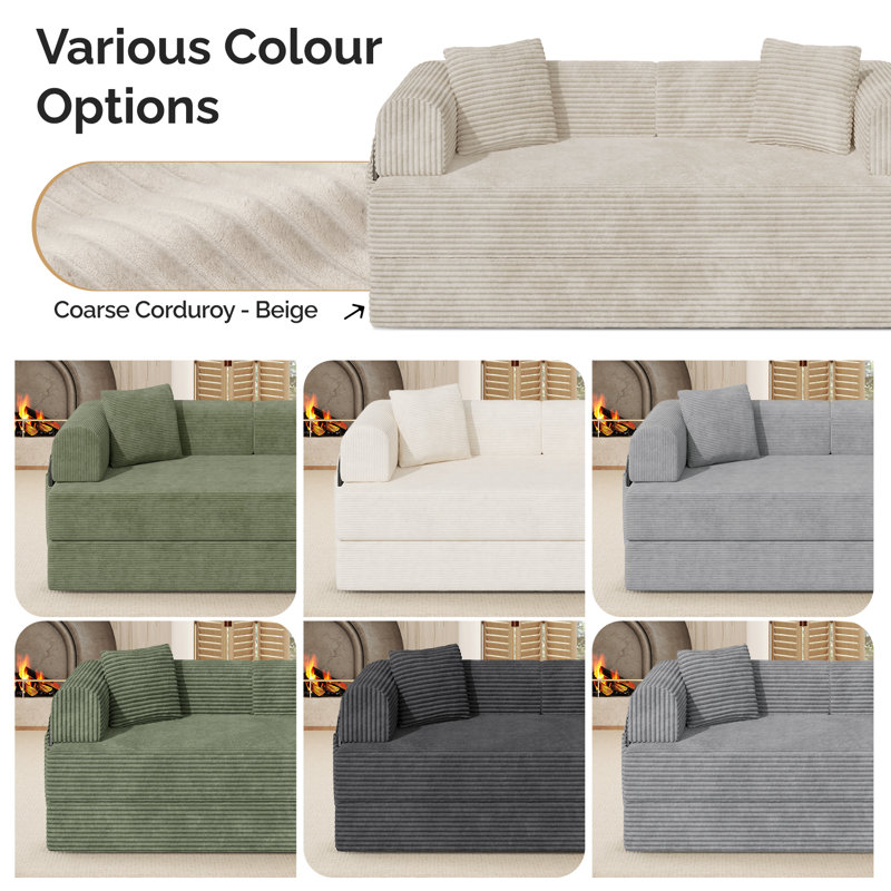 Convertible Coarser Corduroy Sleeper Sofa Bed With Cylindrical Pillow, Folding Mattress Couch With Fixed-shape Frame, Floor Sofa Lounge Couch For Living Room Bedroom Lounge Studio