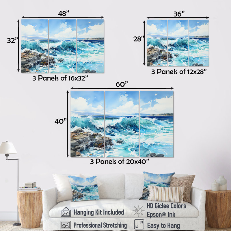 «Blue Ocean In Motion Scenery», ensemble d'art mural sur toile océan, Toile tendue, H 32 po x l 48 po x P 1 po
