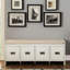 Banc en tissu beige et blanc avec rangement Berci