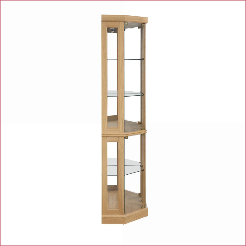 Cabinets, Light Oak Traditional Corner Curio Cabinet with Lights &amp; Adjustable Shelves | Living Room | Anti-Toppling