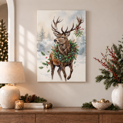 Art mural sur toile, cerf brun avec couronne de pin et gui dans la neige