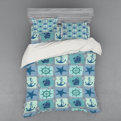 Nautical Patchwork with Rope Starfish Sailing Ship Anchor and Wheel Duvet Cover Set -  Ambesonne, bsnev_15698_queen