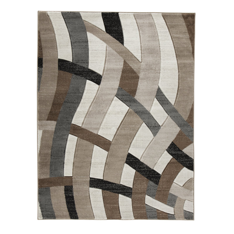 Tapis abstrait brun / blanc Meisner, Rectangle 5 pi x 6 pi 7 po