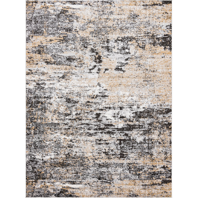 Tapis abstrait en polypropylène tissé à la machine Highdell en brun / noir / blanc, Rectangle 8 pi x 11 pi
