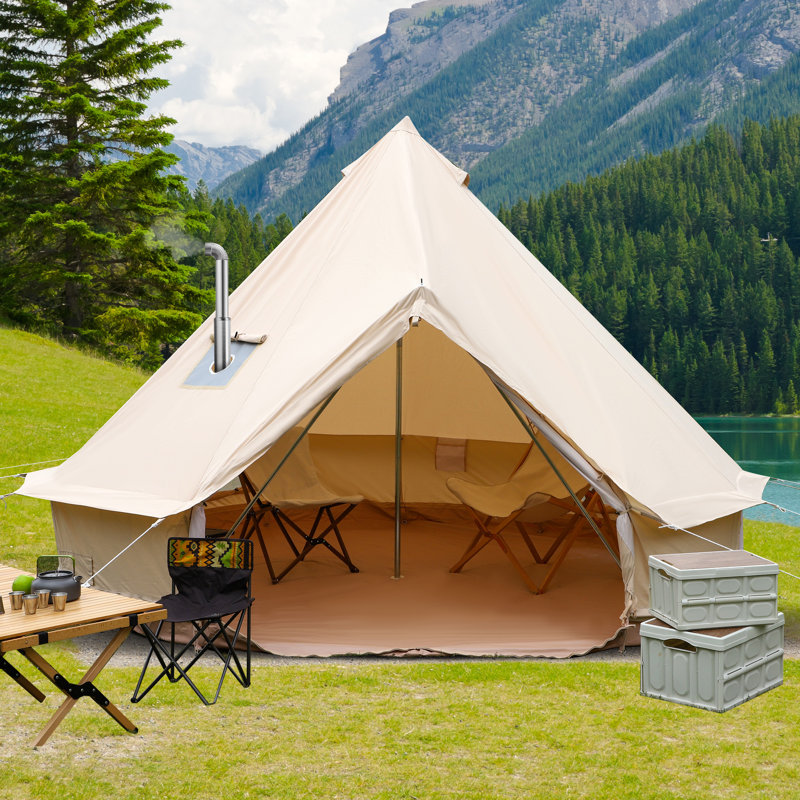 3m Cotton Canvas Bell Tent With Stove Jack, Roomy Yurt For Family Glamping Camping, 4 Season Tent With Zipped Removable Floor