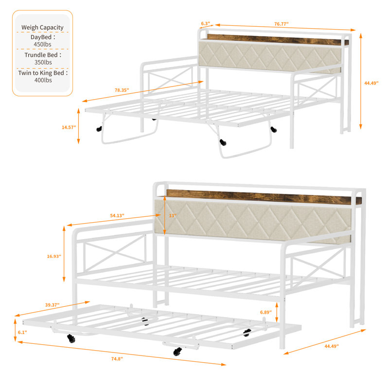 White And Fabric Beige Twin Daybed With Trundle Bed, Upholstered Day Bed With LED Light And Charing Station, Twin