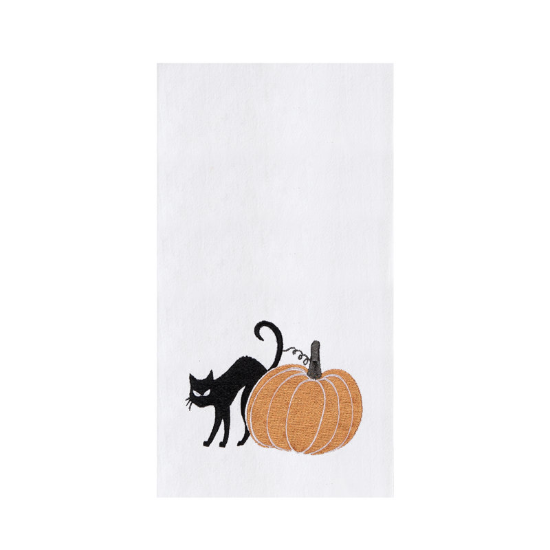 Serviette d'Halloween chat et citrouille brodée