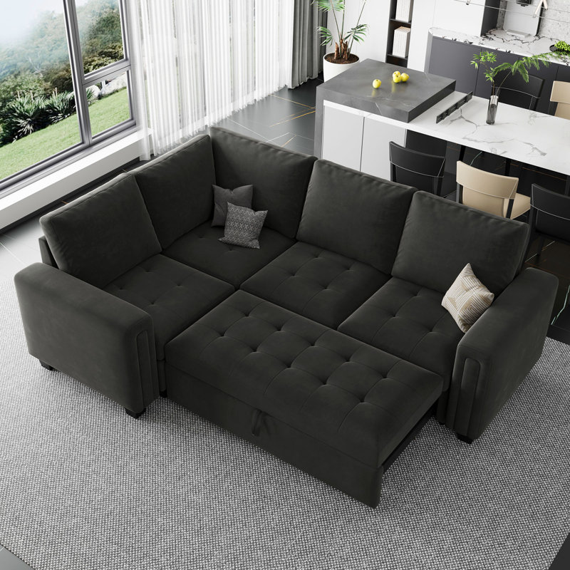 Canapé-lit modulaire en L Shavera, Velours gris