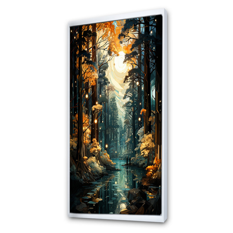 «Moonlight River Retreat Into The Forest V», art mural forêt et rivière, Cadre flottant blanc, H 60 po x l 28 po x P 1,5 po