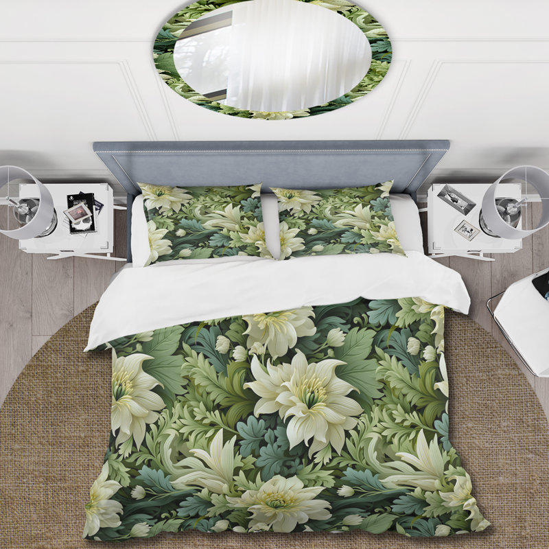 Ensemble de housse de couette Green Floral Flourish Elegance III - Floral, Housse de couette pour très grand lit et 2 très