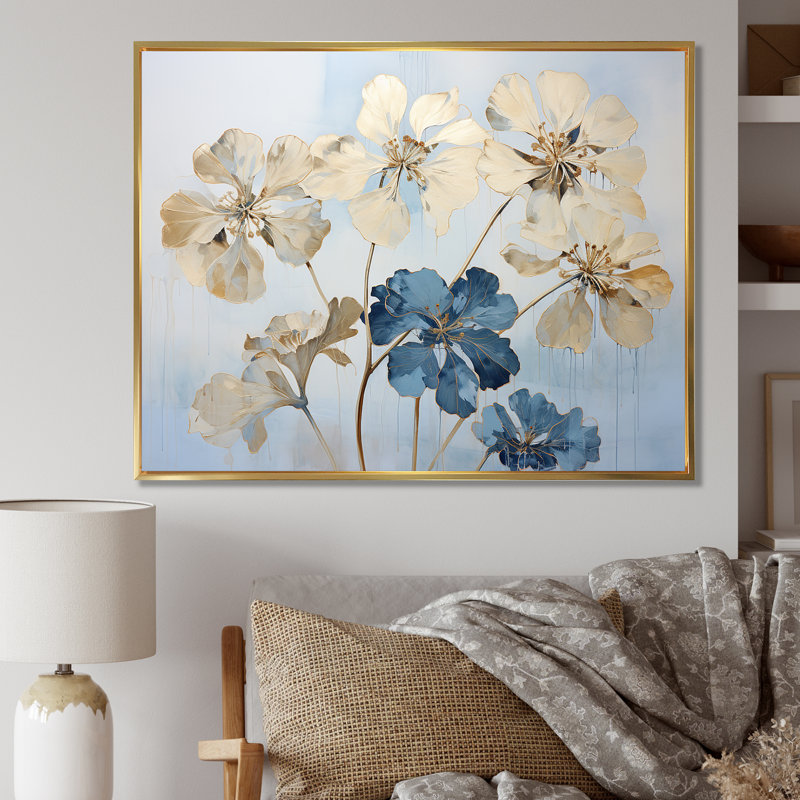 Fleurs de géraniums beiges et bleus, Cadre flottant doré, H 24 po x l 32 po x P 1 po