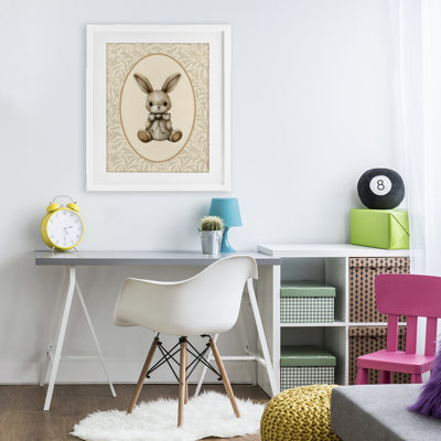 Neutral Bunny in Oval Border Framed Print Under Glass, design by LSR Design Studio